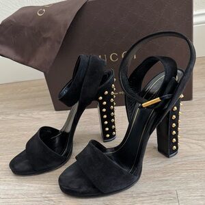 Gucci Madison Black Suede Gold Stud Platform Sandal Heels - EU 38.5